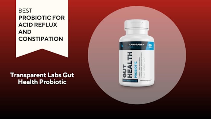 A white and blue bottle of Transparent Labs Gut Health Probiotic